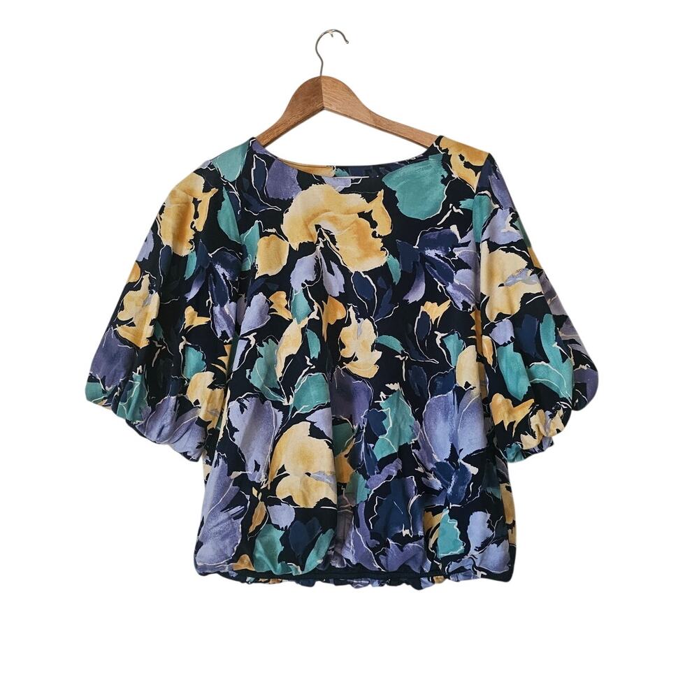 Chicos Bubble Hem Pleated Cotton Top Navy Yellow Floral Size 1 Boho Artsy